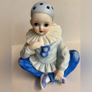 Vtg.70s Pierrot Mann French blue Harlequin Doll Clown Porcelain Music Box.